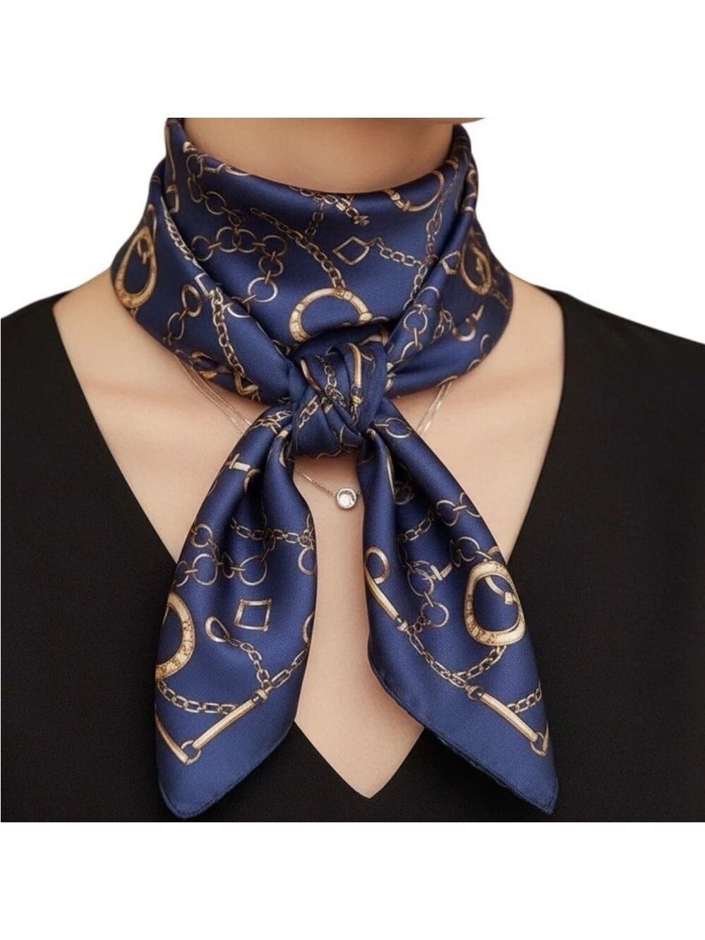 Vintage Navy Gold Chain Print Satin Square Scarf Paris Equestrian Style 80s 90s